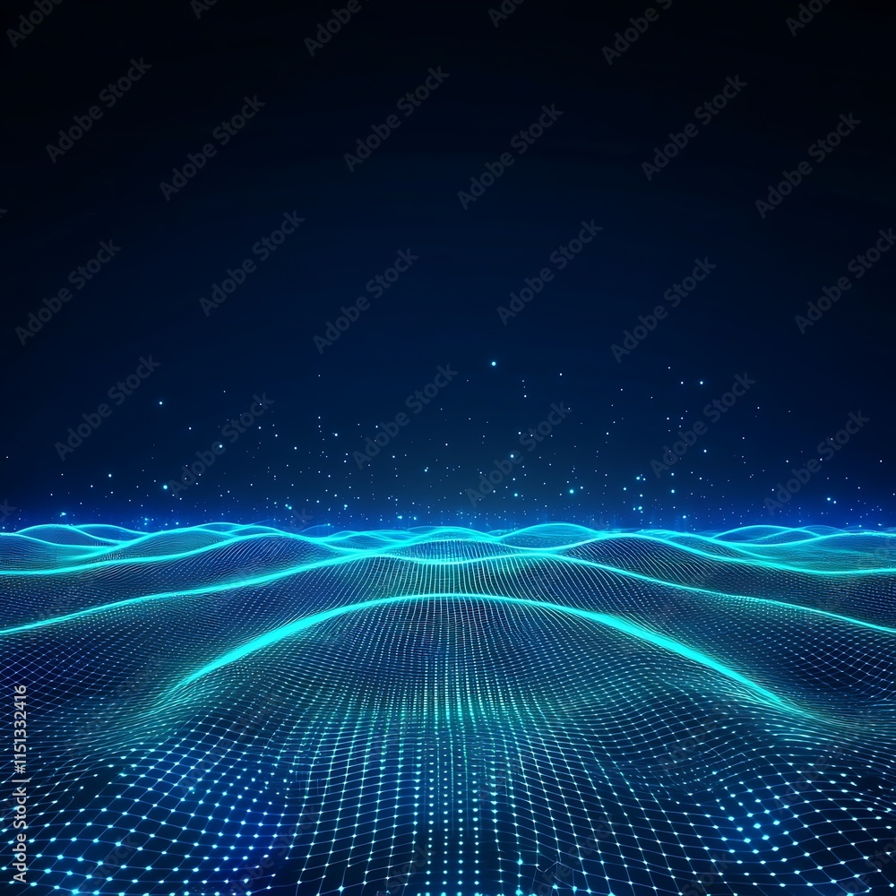 Aufkleber Glowing Waves of Digital Light on a Dark Background with Dots and Lines in a Futuristic Aesthetic