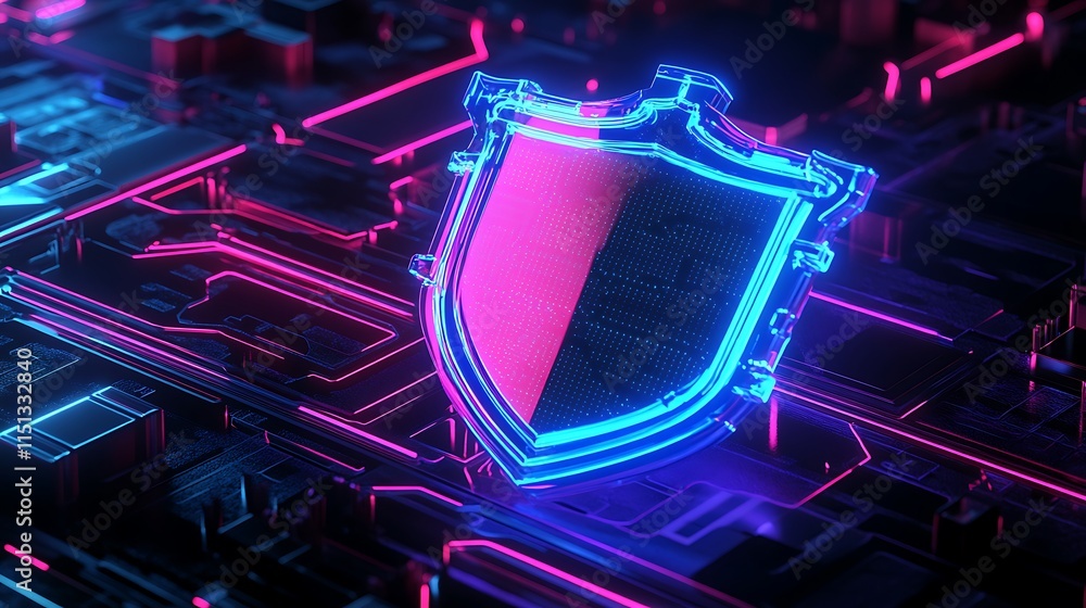 Poster neon shield design with abstract background for digital security and technology themes