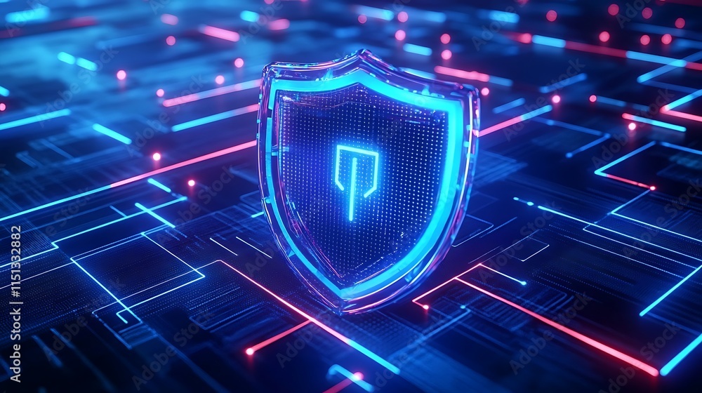 Poster neon shield icon with abstract digital background representing cybersecurity and digital protection 