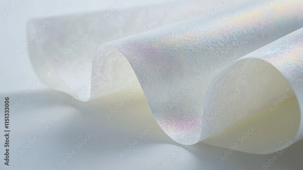 Poster a crisp holographic foil texture with subtle pearlescent gradients on a clean white surface for a mo