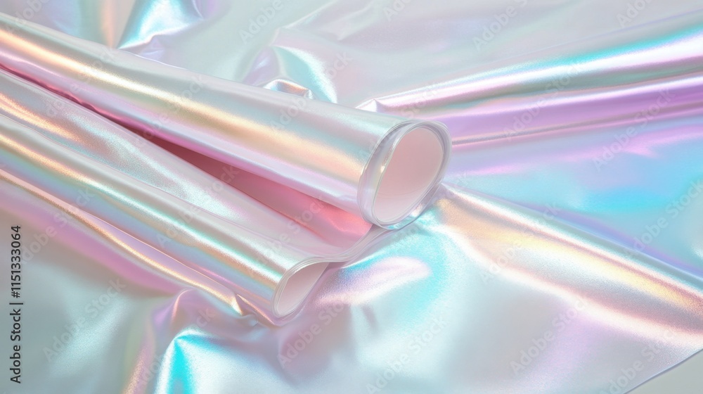 Poster a crisp holographic foil texture with subtle pearlescent gradients on a clean white surface for a mo