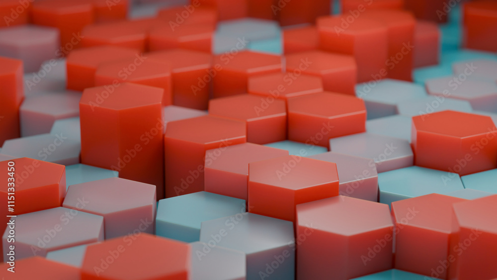 Poster 3d rendering of an abstract set of hexagons of different colors. desktop illustration, abstract 3d b