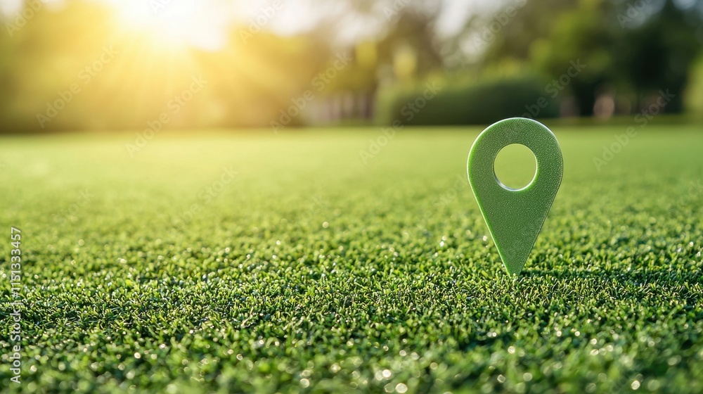 Poster green location pin on lush grass with sunlight in the background symbolizing navigation and eco-frie