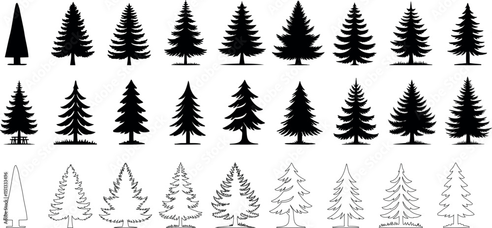 Wall mural pine tree silhouette and outline vector set, featuring diverse christmas tree designs. perfect pine 