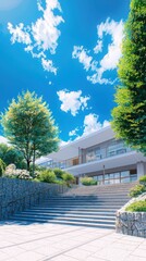 Obraz premium Vibrant anime style school entrance serene campus clean lineart illustration bright sky elegant design