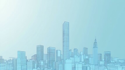 Light blue line drawing of a cityscape.