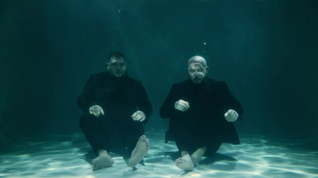 Two millennial men are sitting in black suits at the bottom of the pool underwater and looking at the camera. Two men are submerged under the water, exchanging glances and watching the camera. Diving