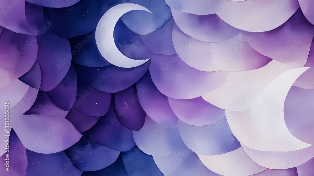 Poster the image contains an abstract design of overlapping, scale-like shapes in shades of purple and lave