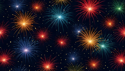 Naklejka premium Vibrant Fireworks Pattern Against a Dark Night Sky. A captivating seamless pattern of colorful fireworks exploding against a deep black night sky.