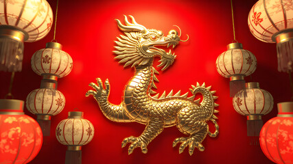 Obraz premium A glowing red background with a Chinese zodiac animal (dragon) in detailed gold engravings, surrounded by lanterns