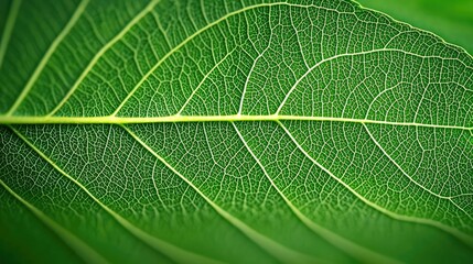 Green foliage concept. Close-up view of a vibrant green leaf showcasing intricate vein patterns and textures.