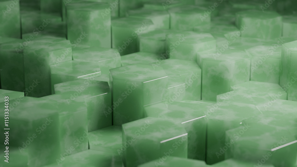 Poster 3d rendering of jade green hexagonal columns of different heights. jade hexagons, honeycombs. abstra