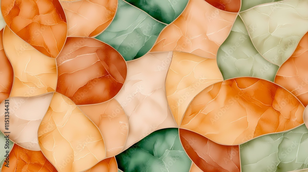 Poster the image contains an abstract pattern of overlapping, organic shapes in shades of orange, peach, an