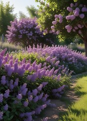 Obraz premium A garden bed filled with lilac bushes in full bloom, garden delights, lilac bushes, flowering shrubs