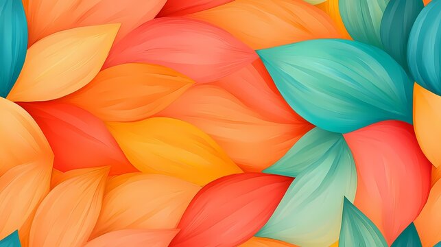 The image contains an abstract pattern of overlapping, stylized petals or leaves in shades of orange, coral, and teal.A medium description sentence:  A vibrant abstract design features overlapping, p