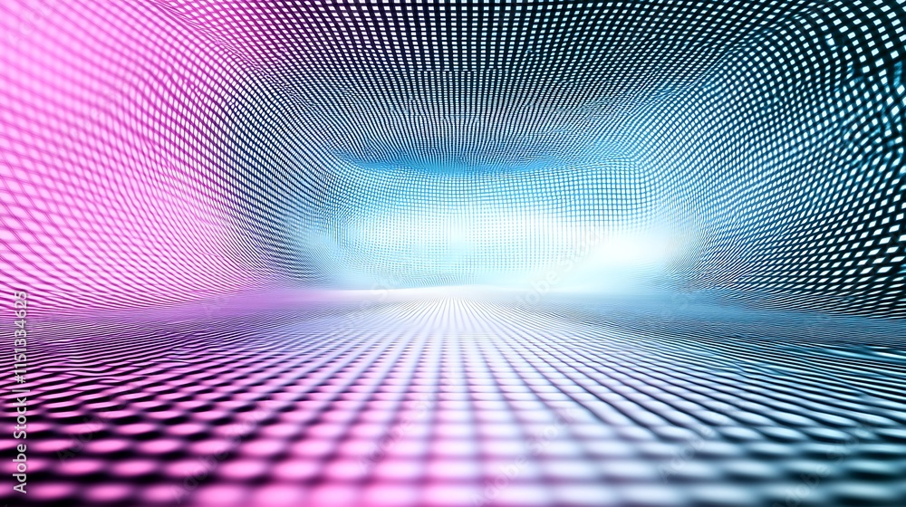 Poster abstract tunnel with vibrant pink and blue neon lights. geometric grid pattern on the floor and wall