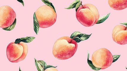 Set of watercolor illustrations hand holding of fruit peach,Peach with leaves seamless pattern,tender juicy fruits peaches,hand painted,menu smoothie,botanical watercolor.