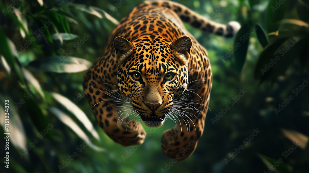 Wall mural running leopard during mid-day in a forrest with a birds eye view