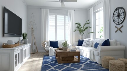 Fototapeta premium A coastal-inspired living room with navy and white decor, nautical touches, and a breezy seaside feel