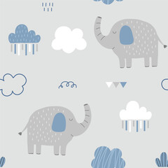 Seamless pattern with cute elephant, cloud and rain for your fabric, children textile, apparel, nursery decoration, gift wrap paper, baby's shirt.