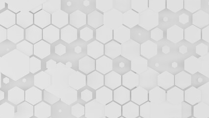 3d rendering of an abstract geometric background of many white hexagons on a black background. Geometric abstraction for screensavers and desktop backgrounds.