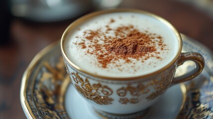 Closeup of a cup of coffee with cinnamon on top