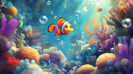Obraz premium A colorful underwater poster showcasing a tiny Nemo fish in a vivid coral garden surrounded by soft bubbles and sea life.