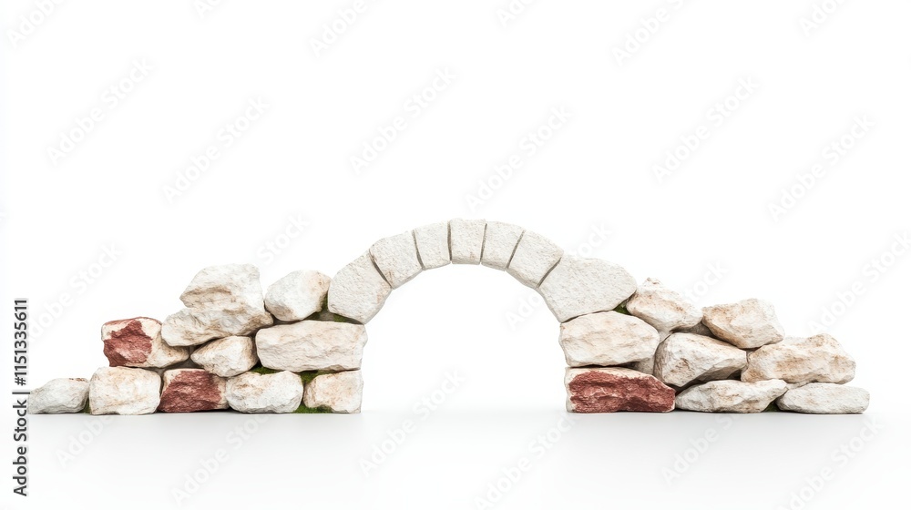 Poster a simple stone arch constructed from various-sized rocks, showcasing a rustic design against a white