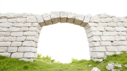 A stone archway surrounded by lush greenery, leading into a bright, open space.