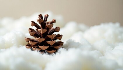 A pine cone sits atop a layer of fluffy white cotton fabric, cloudlike, light