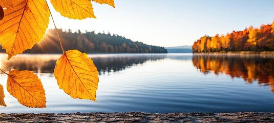 Obraz premium Autumn lake concept. A serene autumn lake scene with vibrant leaves reflecting on calm waters.