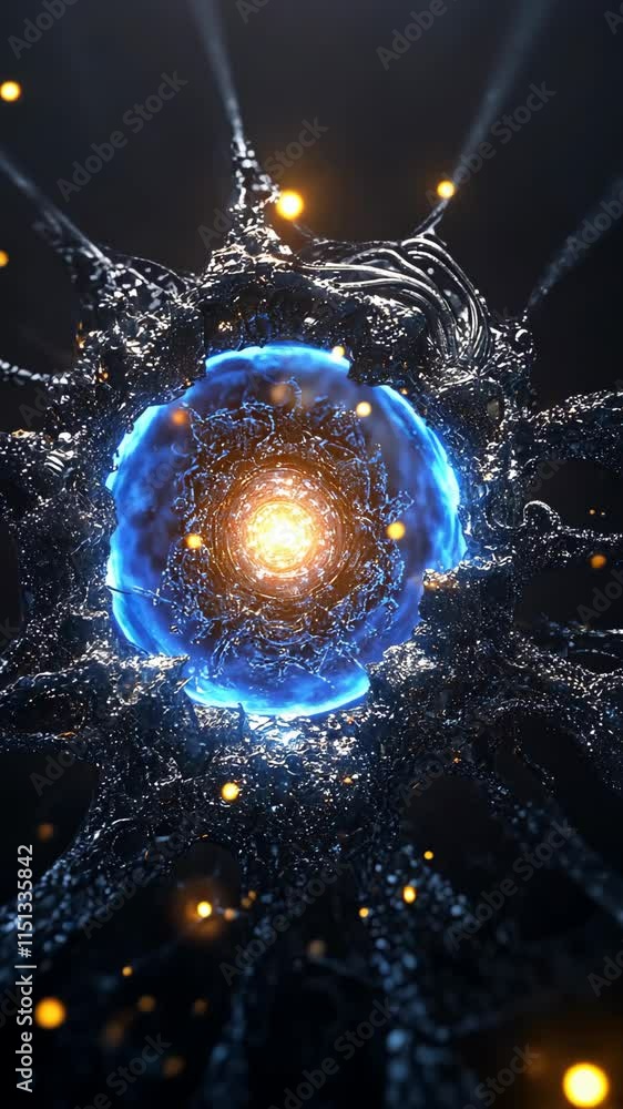 Poster vibrant representation of a glowing core surrounded by swirling liquid structures in a dark environm