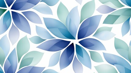 The image contains a pattern of overlapping, translucent leaves in shades of blue and green on a white background.