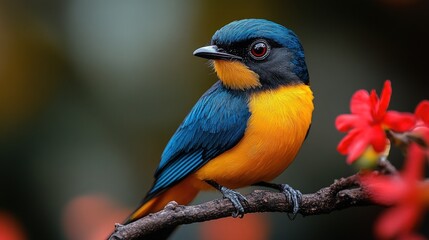 Vibrant blue and orange bird perched on branch.