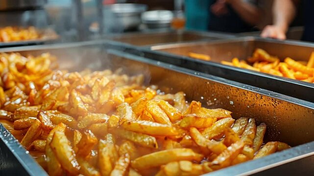 Golden French Fries: A close-up shot of freshly fried golden French fries steaming in a metal container, capturing the delicious aroma and irresistible appeal of this classic comfort food.