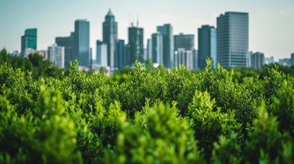 Urban Skyline with Lush Greenery in Foreground Showcasing Contrast Between Nature and Modern Architecture