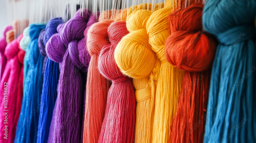 Aufkleber vibrant multicolored yarn skeins displayed in a bright array