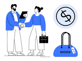 Business partners shaking hands, one holding a document, and a woman holding a briefcase. Dollar sign within a circle and a handbag with a price tag. Ideal for business deals, partnerships