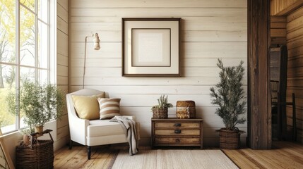 Fototapeta premium A farmhouse-style living room with shiplap walls, a cozy armchair, and rustic wooden accents, creating a warm and inviting vibe
