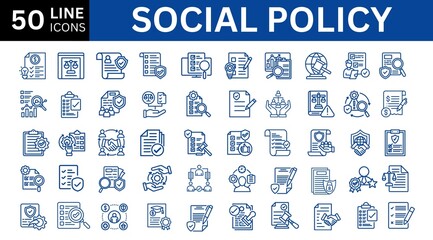 Social Policy line icons set. family, healthcare, government, education, finance, protection etc. Editable stroke