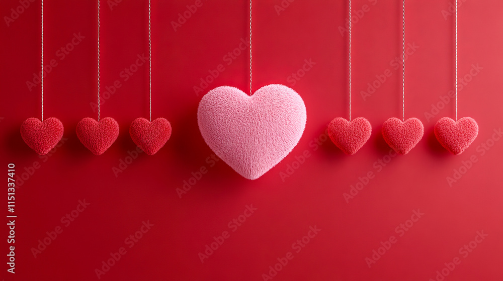 Poster red and pink heart wall decor with plush texture on strings against a red background