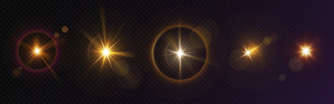 Glint and glare lighting effect set - bright sun bursts with golden radiant rays, shining star flares, circular luminous halos on transparent background. Sparkle overlays and optical highlights.