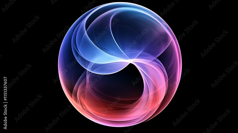 Poster abstract sphere with swirling, translucent, colorful, dynamic lines on a black background.