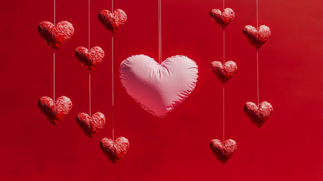 Red and pink hanging heart decorations on red background