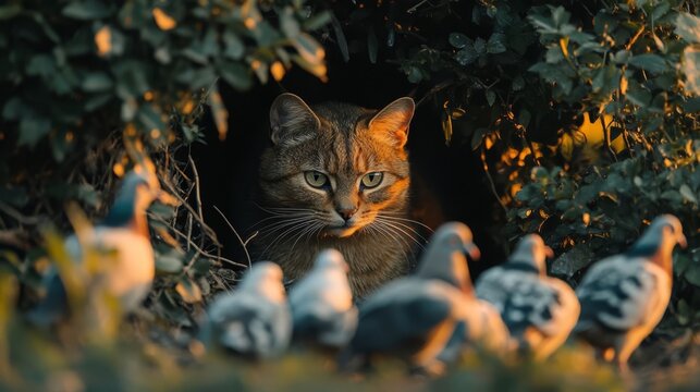 A cat lurking near birds.
