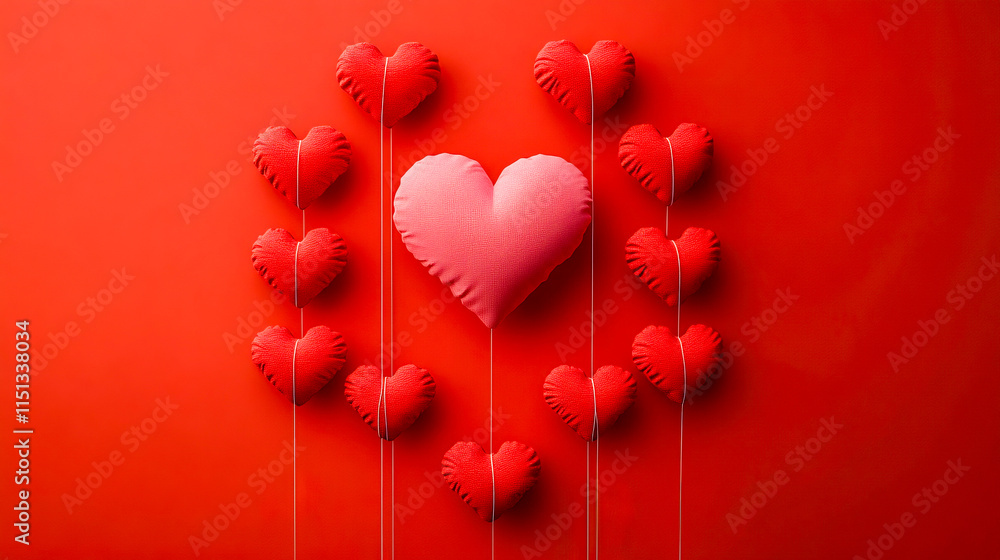 Poster red hearts on strings against vibrant red background