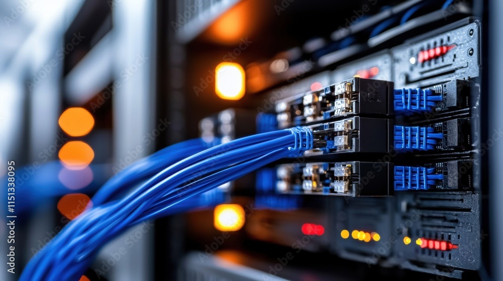 Poster high-speed data center network cables connected to servers in a modern technology infrastructure env