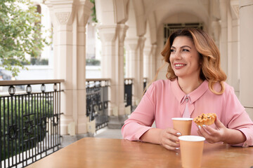 Woman Coffee Pastry Enjoying Outdoor Cafe Table