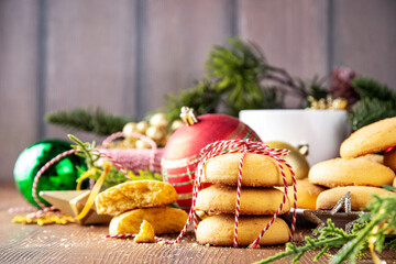 Stack of shortbread sugar cookies with Christmas decorations