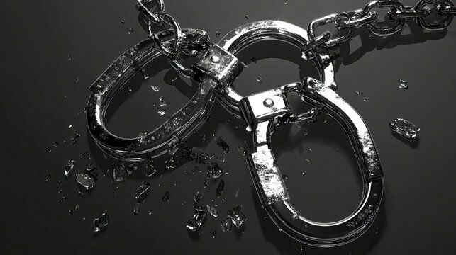 Close-up of broken metal handcuffs with shattered glass on dark surface